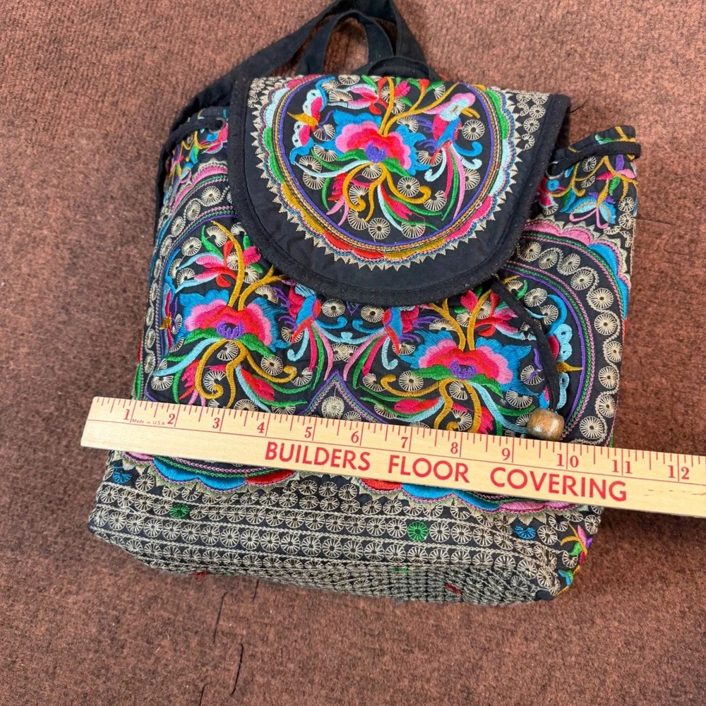 Boho Hmong Embroidered Backpack Floral Folk Art Canvas Drawstring Bag Black Mult